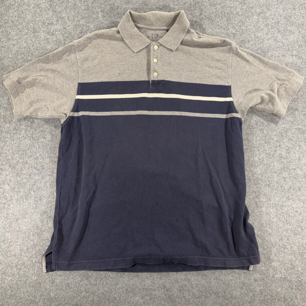 Gap 1969 Mens Pique‎ Polo Shirt Gray Navy Blue Striped Colorblock Cotton Medium
